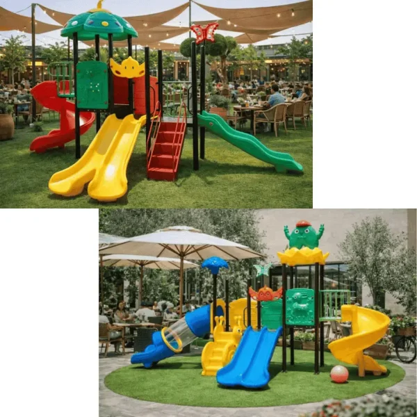 Aire de jeux aquatique avec toboggan pour enfants en été