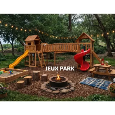 Aire de jeux en bois au design moderne parfaitement intégrée dans un espace de jardin paysagé.