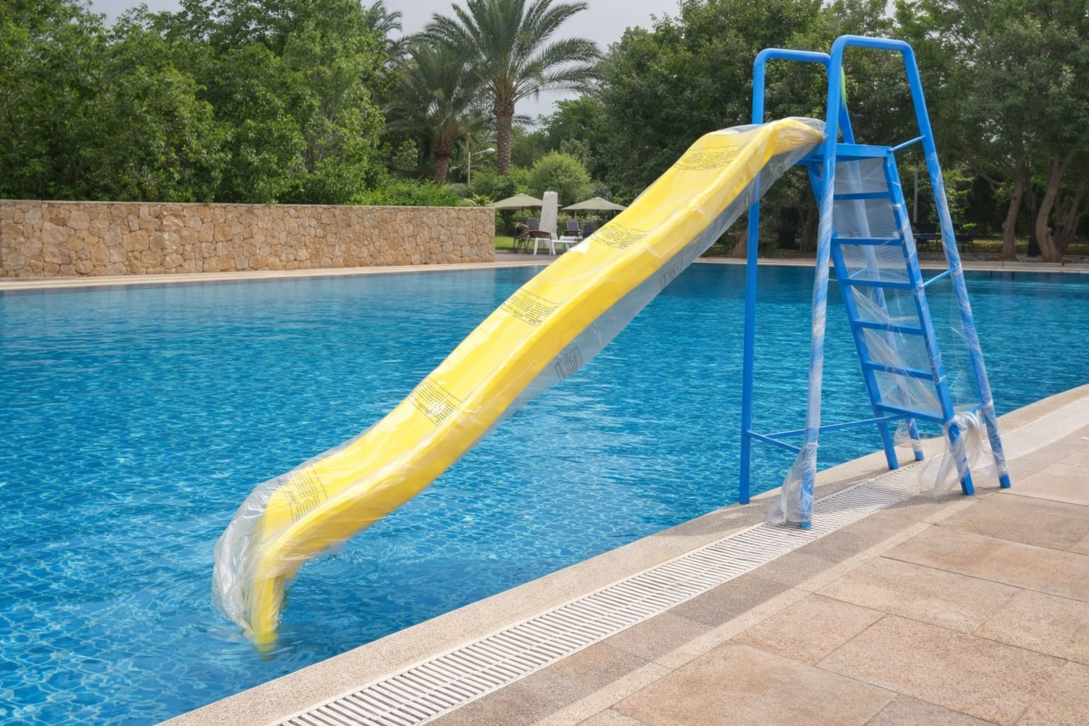 Toboggan de piscine professionnel avec escalier sécurisé pour bassin résidentiel ou hôtelier.